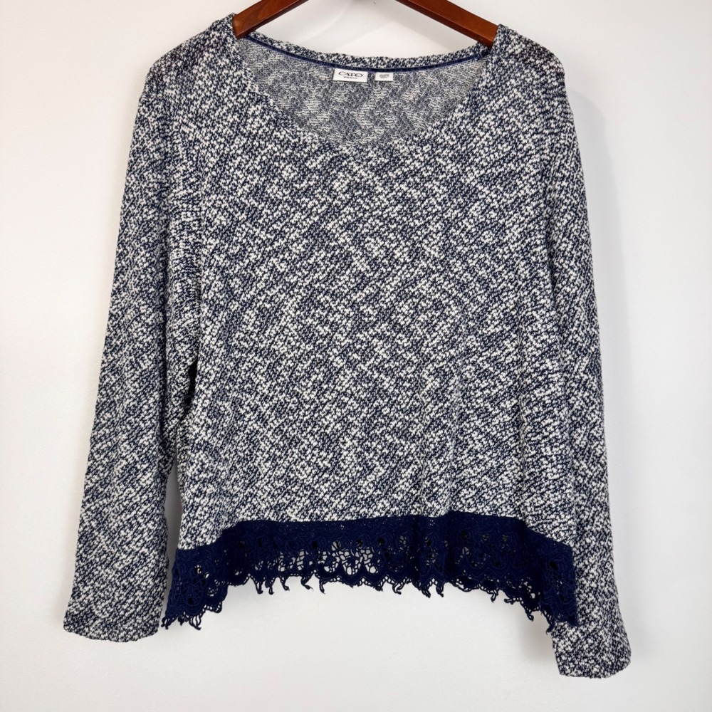 Cato Sweater Women 18/20W Navy Blue Long Sleeve Lace Trim Marled Knit V-Neck‎